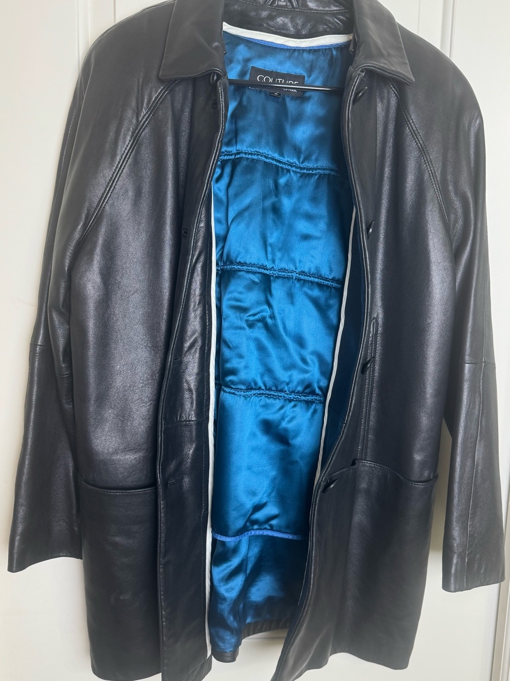 Couture by J Park Black Lamb Leather Long Coat Jacket Blue Lining M